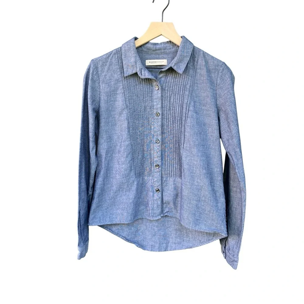 Raleigh Denim Workshop Tuxedo Shirt Sz M 100% Cotton Chambray Pleated Front USA - Picture 1 of 7